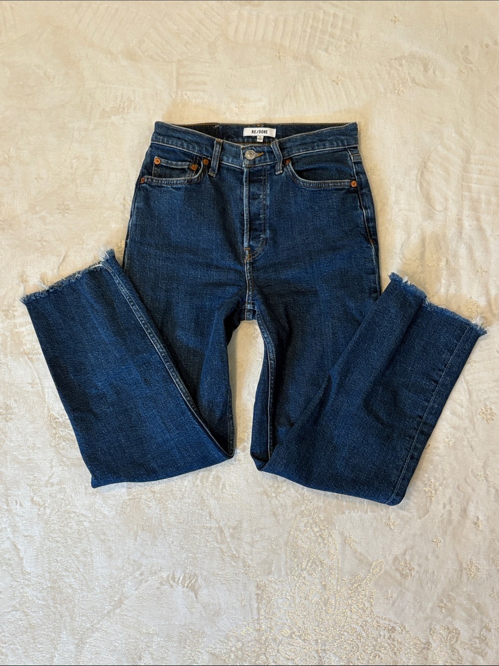RE/DONE 70s Stove Pipe Women’s Jeans Dark Wash Button Fly 26 High Rise Raw Hem